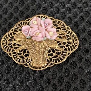 Vintage Czech Gold Tone Filigree Pink Roses Basket Brooch Pin Unisex